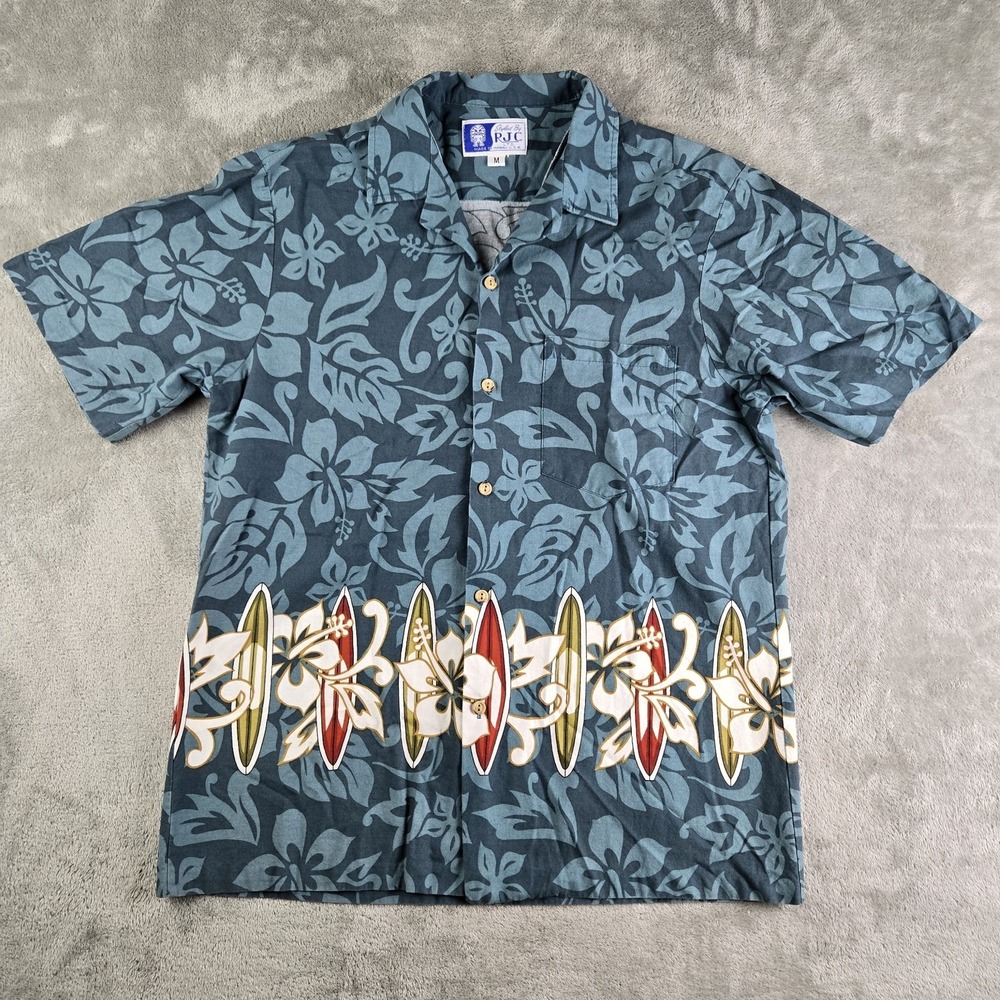 Vintage RJC Shirt Mens Medium Green Floral Surfboards Hawaiian Vacation Cruise